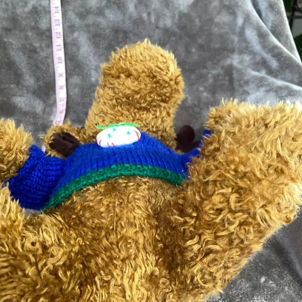 Vintage Reindeer Plush Moose Brown Curly Hair Blue Sweater 15” HugFun Toy TAGS